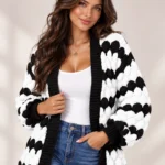 Chunky Knit Chevron Cardigan Black-With-White