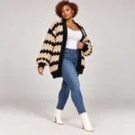 Chunky Knit Chevron Cardigan Black-With-Apricot