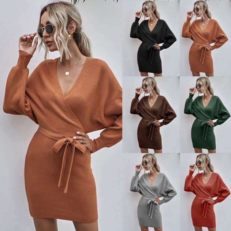 A cozy knit wrap dress available in Black, Camel, Coffee, Green, Gray, and Rust with a flattering tie waist and batwing sleeves.
