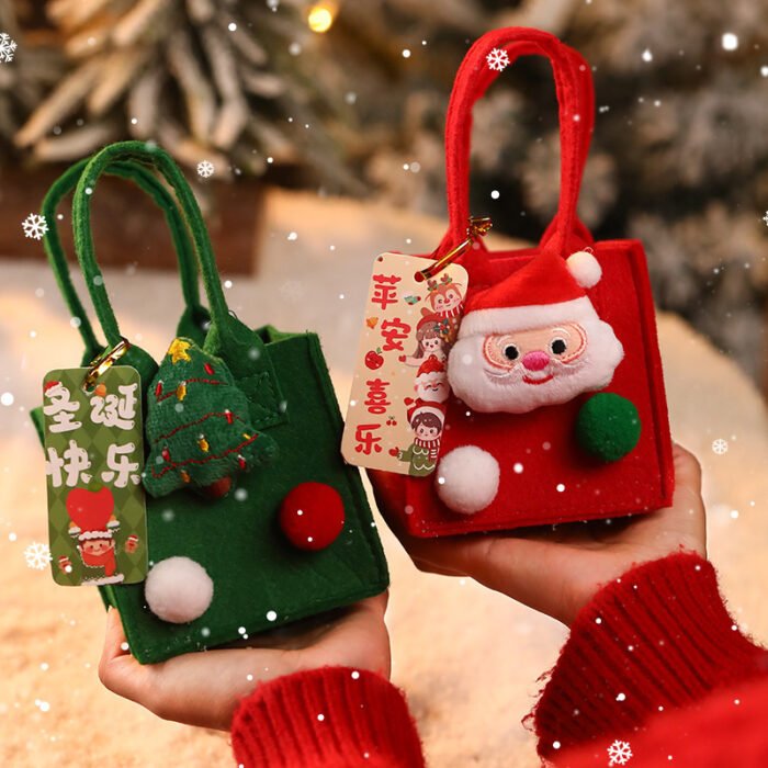 "Festive mini gift bags in red, green, and pink featuring Santa, Christmas tree, and pom-pom accents."