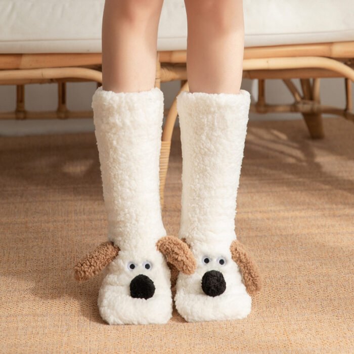 Knee-high dog-themed plush slippers in black with floppy ears