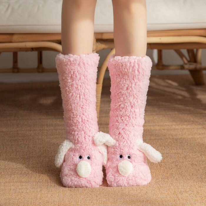 Knee-high dog-themed plush slippers in black with floppy ears