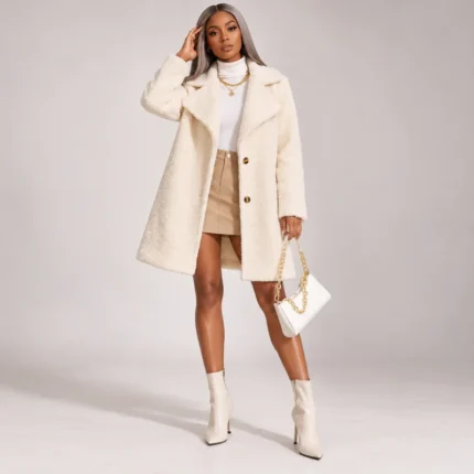 Beige Luxe Plush Teddy Coat with wide lapel collar, long sleeves and button-front styling