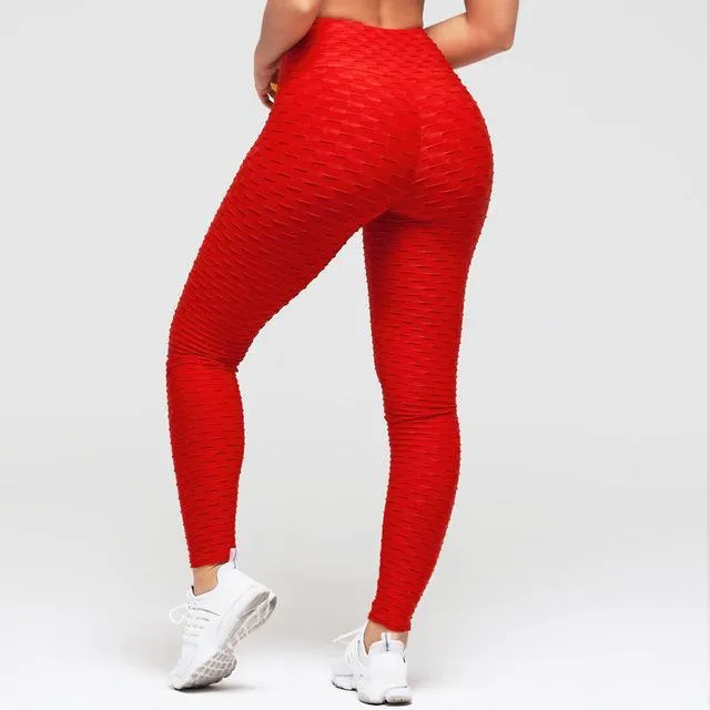 High-waisted textured leggings in red and blue, featuring tummy control and booty-lifting designs for workouts or athleisure.