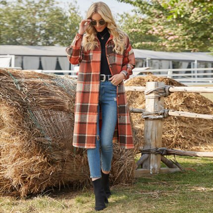 Longline plaid flannel shacket styled with jeans and boots, available in green, pink, black, and neutral plaid patterns.