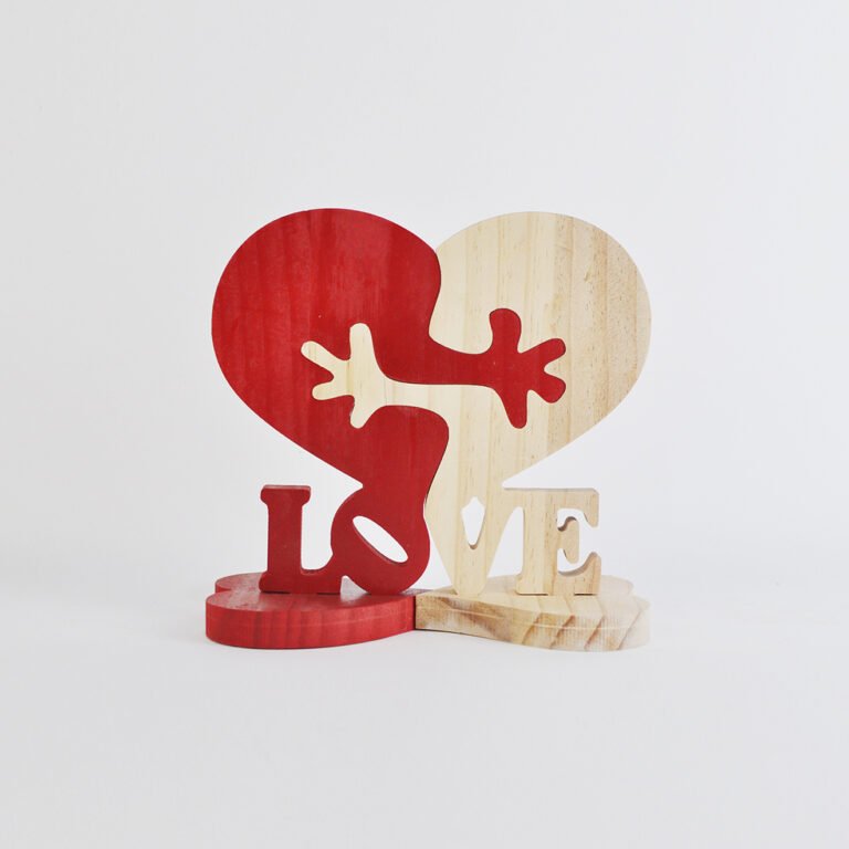 Wooden LOVE ornament featuring a dual-tone heart design in red and natural wood tones.