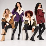 Aviator jacket with distressed leather finish, oversized shearling collar, and zipper details in khaki, purple, red, and green.