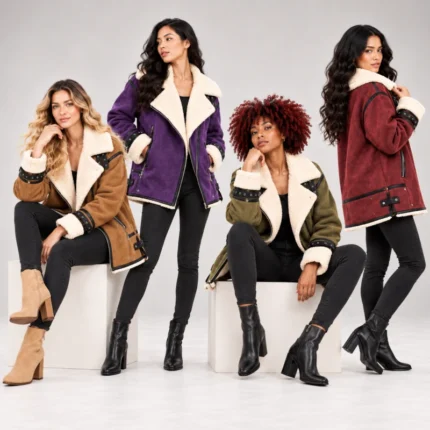 Aviator jacket with distressed leather finish, oversized shearling collar, and zipper details in khaki, purple, red, and green.