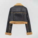 Cropped faux leather shearling jacket in multiple colors, featuring plush shearling details and an asymmetrical zip-front design vivaraessence.