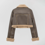 Cropped faux leather shearling jacket in multiple colors, featuring plush shearling details and an asymmetrical zip-front design vivaraessence.