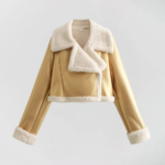 Cropped faux leather shearling jacket in multiple colors, featuring plush shearling details and an asymmetrical zip-front design vivaraessence.