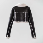 Cropped faux leather shearling jacket in multiple colors, featuring plush shearling details and an asymmetrical zip-front design vivaraessence.