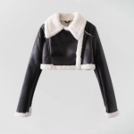 Cropped faux leather shearling jacket in multiple colors, featuring plush shearling details and an asymmetrical zip-front design vivaraessence.