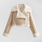 Cropped faux leather shearling jacket in multiple colors, featuring plush shearling details and an asymmetrical zip-front design vivaraessence.