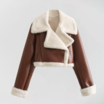 Cropped faux leather shearling jacket in multiple colors, featuring plush shearling details and an asymmetrical zip-front design vivaraessence.