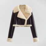 Cropped faux leather shearling jacket in multiple colors, featuring plush shearling details and an asymmetrical zip-front design vivaraessence.