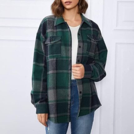 Women wearing plaid button-up shackets in black, pink, beige, and blue plaid designs styled with jeans and boots.