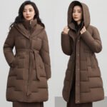 Women's long cotton hooded coat in black, brown, off-white, and khaki with a belted waist and quilted pattern.