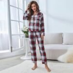 "Festive plaid pajama set with button-up top and matching pants."