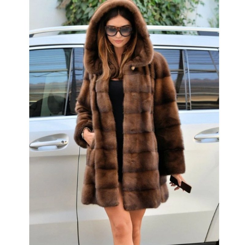 Plush faux fur hooded coat in chocolate brown, perfect for winter elegance.