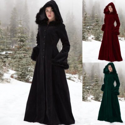 Luxurious full-length velvet winter coat with hood and faux fur trim, available in black, burgundy, and emerald green.