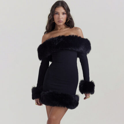Elegant off-shoulder mini dress with faux fur trim in black and white.