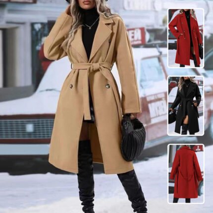 Double-breasted belted winter coat in black, camel, and red with gold-tone buttons and a tailored fit.