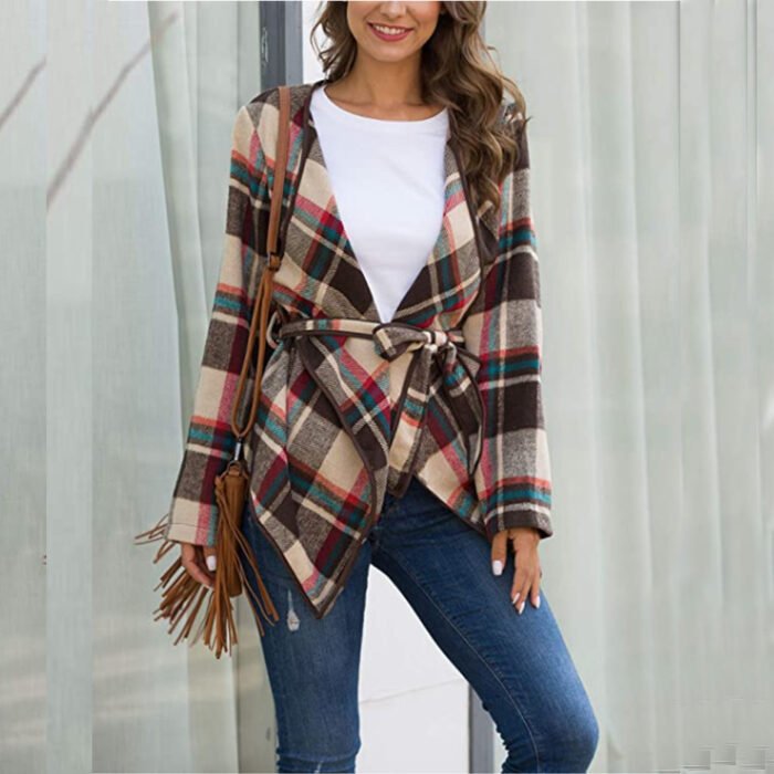 Women wearing plaid open-front cardigans with waterfall drapes in black, red, and beige plaid patterns.