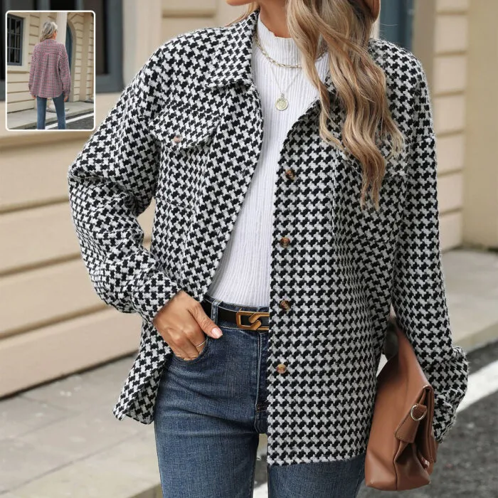 A stylish woman wearing a houndstooth-patterned oversized shacket paired with jeans and a white sweater, accessorized with gold jewelry.