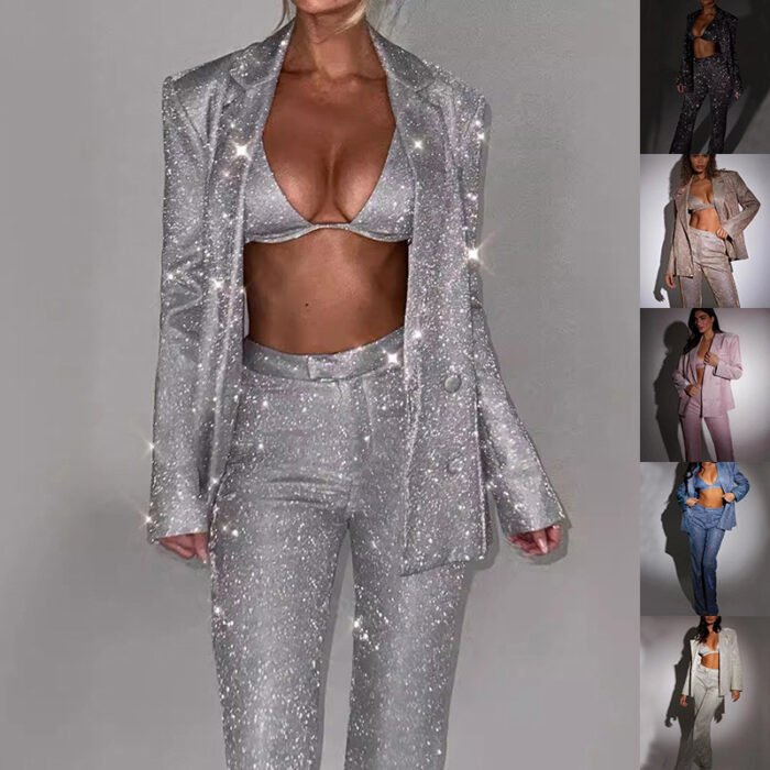 "Shimmer three-piece suit set in silver with blazer, trousers, and bralette." "Blush pink three-piece suit set with shimmering fabric and tailored design."