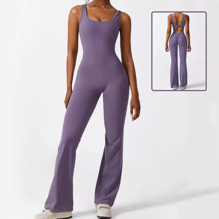 Model wearing a lavender SculptFit Backless Flare Jumpsuit with cutout back and flared legs.