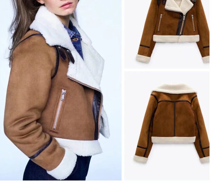 Close-up of Shearling-Lined Aviator Jacket in camel, highlighting its plush lining and metallic zip details.