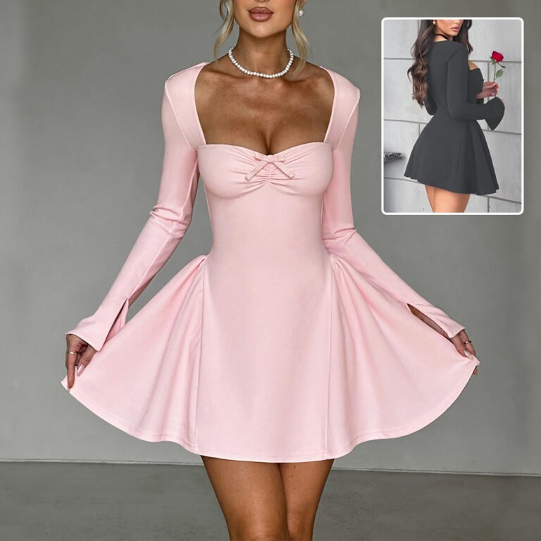 "Red long-sleeve mini dress with sweetheart neckline and A-line silhouette."