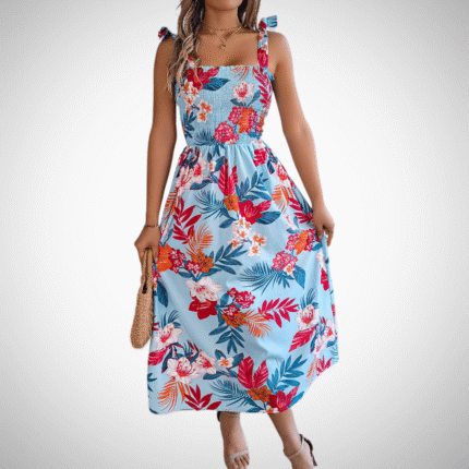 Tropical Breeze Smocked Midi Dress - Blue, L