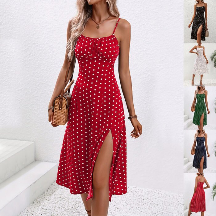 Model wearing a polka dot and floral midi dress with spaghetti straps and side slit in multiple color options.