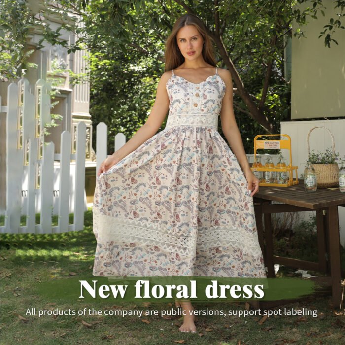 Model wearing a lace-trimmed floral maxi dress with spaghetti straps, buttoned bodice, and a flowy silhouette in a garden setting.