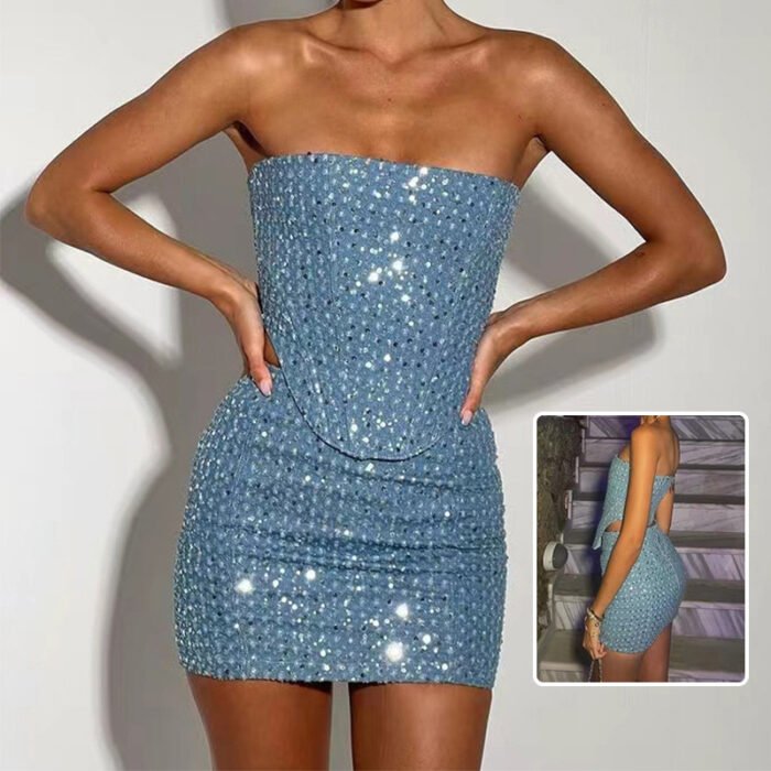 Model in a black strapless sequin mini dress with a structured bodice and side cutouts. Another model wearing the same dress in ice blue, styled for an evening event.