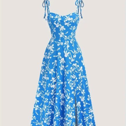 Floral tie-strap maxi dress in black with red floral print and blue with white floral print, featuring a sweetheart neckline and side slit.