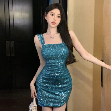 Sequin bodycon mini dress in black and teal blue, featuring a square neckline, wide straps, and a curve-hugging silhouette for a glamorous night-out look.