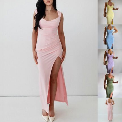 Model wearing a pastel maxi dress with a high side slit and open-back tie detail in multiple colors.