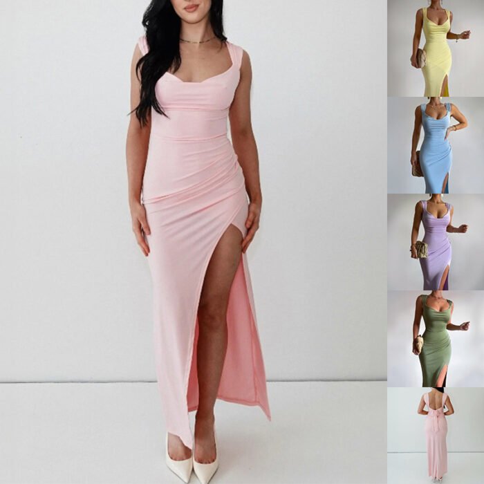 Model wearing a pastel maxi dress with a high side slit and open-back tie detail in multiple colors.