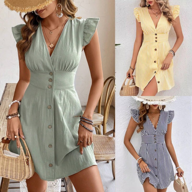Flutter-Sleeve Button-Front Summer Dress in Sage Green, Navy Striped, and Yellow Stripe"