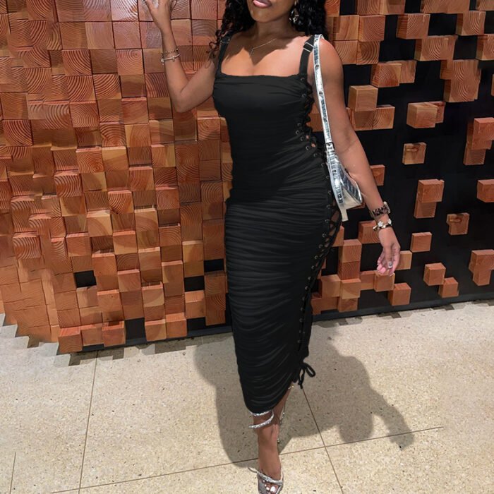 Seductive Lace-Up Bodycon Maxi Dress in black with ruched detailing