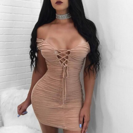 Ruched Lace-Up Bodycon Mini Dress