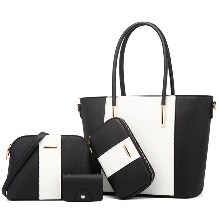 Full 4-piece blush blackand ivory tote bag set with gold accen