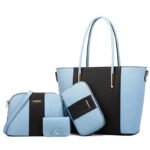 Full 4-piece blush blueand ivory tote bag set with gold accen