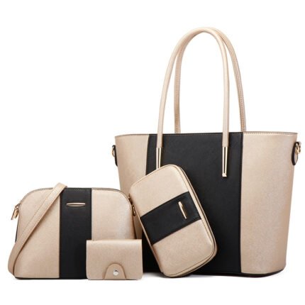 Full 4-piece blush baggie and ivory tote bag set with gold accen