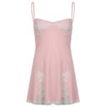 Lace-trim satin slip dresses in pastel blue, black with pink accents, and blush pink with underwire support and lace thigh slits.