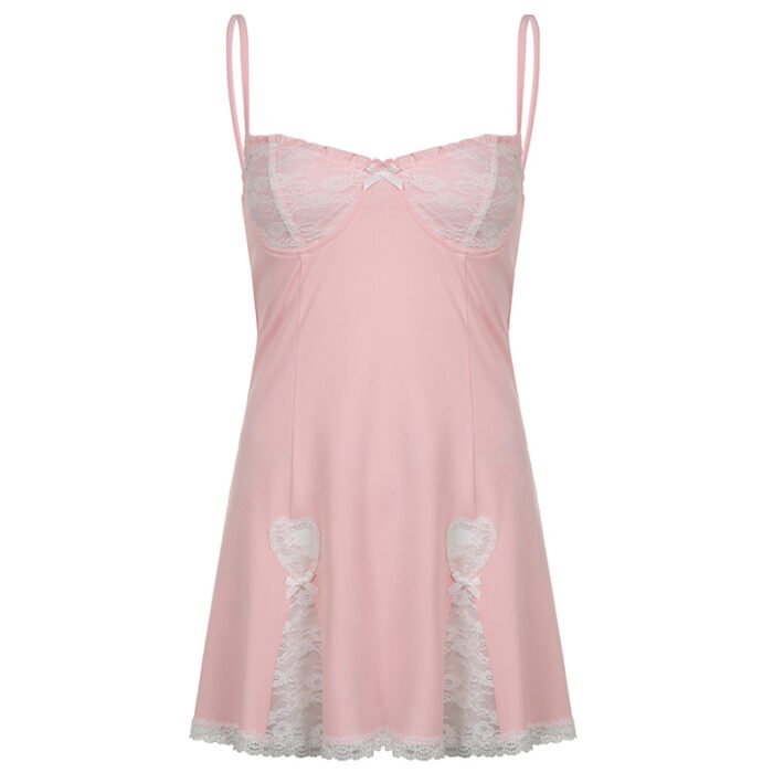 Lace-trim satin slip dresses in pastel blue, black with pink accents, and blush pink with underwire support and lace thigh slits.