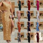 One-shoulder sequin evening gown with ruched details, thigh-high slit, and a body-hugging fit in multiple colors.